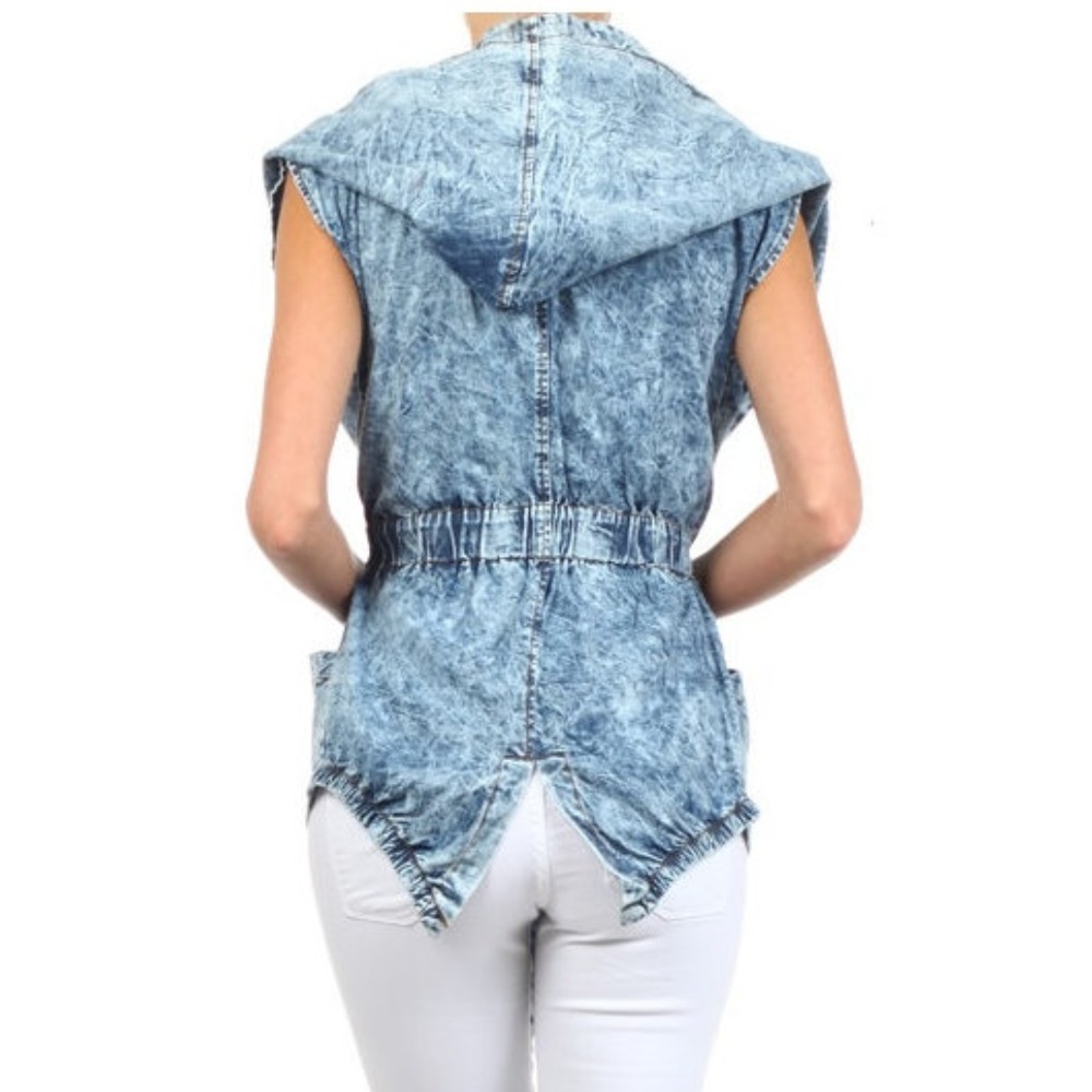Acid Wash Hoodie Denim Trench Jean Vest Jacket - Picture 5 of 7